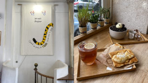 on the left, we see painting of a queue of a tiger. On top, it's written "annyeong" (hello in korean). On the right, we see Korean dessert such as bingsu and a tea.